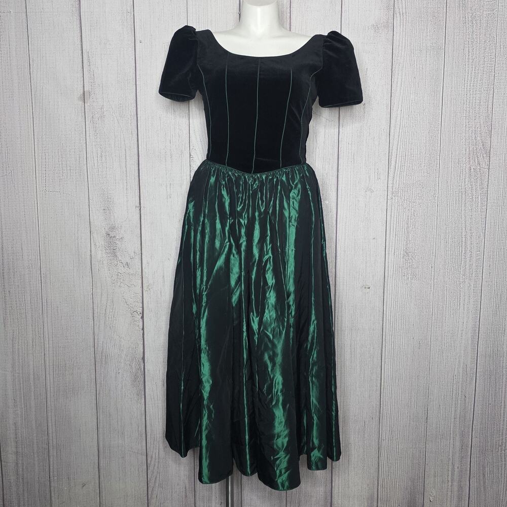 VTG 90s Laura Ashley Black Velvet Green Taffeta Gothic Maxi Dress - UK 16/US 12